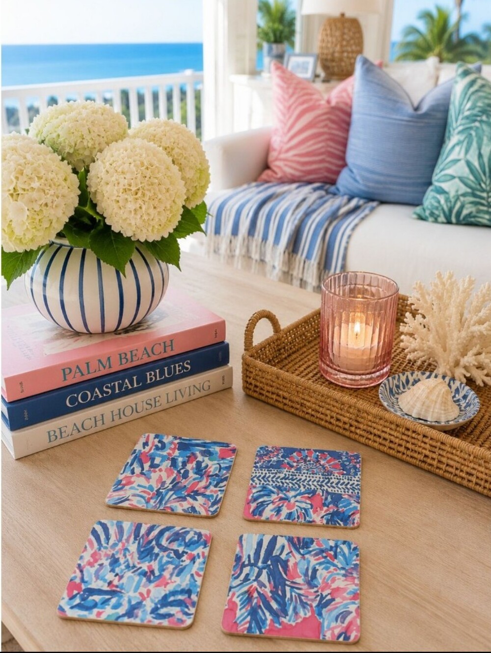 Set Of 4 Handmade Coasters Preppy Coastal Cottage Beachy Entertaining Hostess